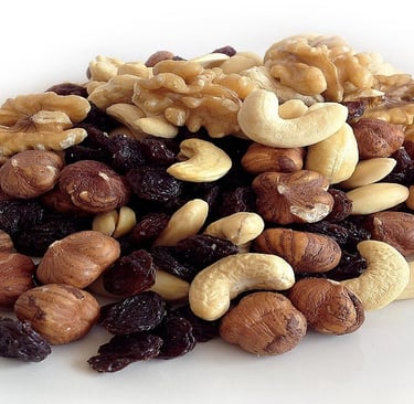 Cashews. Hazelnuts, Walnuts, and Raisins