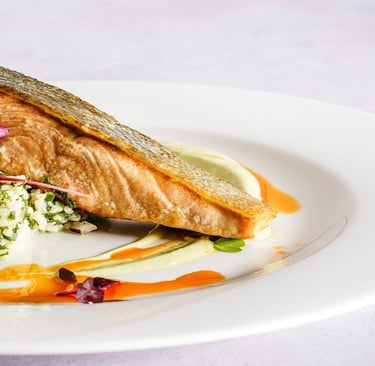 Salmon and rice on a plate