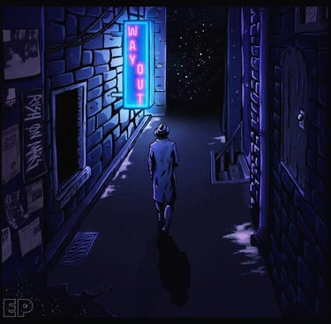 Image de l'illustration de la couverture de l'EP Way Out du groupe de hard rock Rush On Mars. On y voit un homme marchant dan