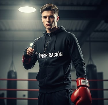 a man in a black jacket and red boxing gloves