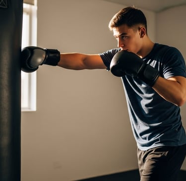 a man in a blue shirt is standing in a boxing bag