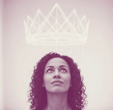 A woman looks up thoughtfully at a symbolic crown of light above her, suggesting an invisible weight