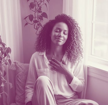 A serene Black woman sits peacefully in a sunlit room, surrounded by green plants, exuding inner radiance and contentment