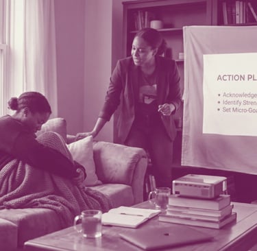 A black woman stands and gestures towards a projector screen displaying "ACTION PLAN: PHASE 1"