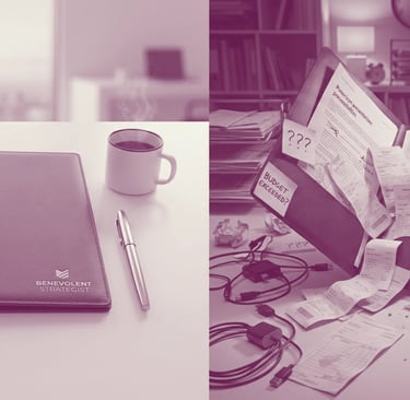 A split-screen image showing a neatly organized desk and a chaotic, messy desk with an open, overflowing folder