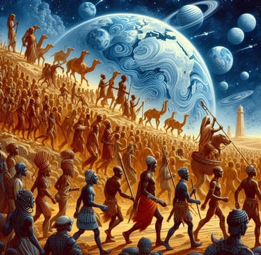 Humanity Migrating during the Ice Age with a frozen Earth in the background