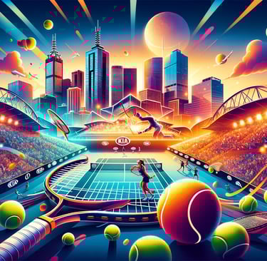 Australian Open 2025 excitement - Tennis rackets and Melbourne skyline, symbolizing the grandeur of 