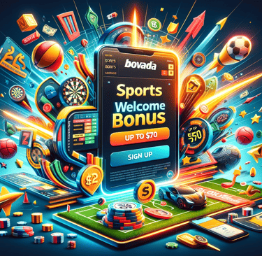 Promotional image for Bovada sports betting, featuring a vibrant and modern design with symbols of v