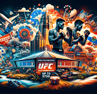 UFC 297 blog image featuring Kansas landmarks and Bovada's $750 bonus