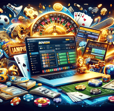 Dynamic collage showcasing the excitement of online betting, with vibrant imagery of casino chips
