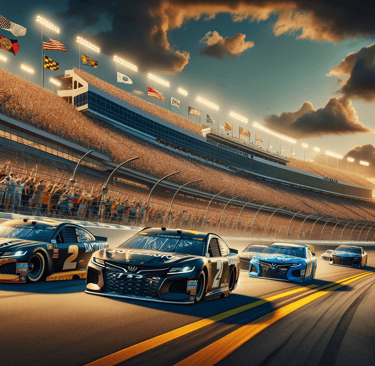 Daytona 500 2024 race cars speeding on the Daytona International Speedway with excited fans.