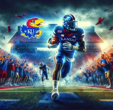 Kansas Jayhawks football player in action, with fervent fans in the background