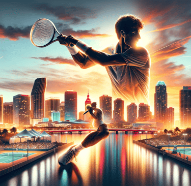 Tennis player in action at Miami Open with Miami skyline at sunset.