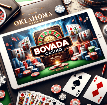 Luxurious casino essentials with Bovada logo and Oklahoma-inspired backdrop.