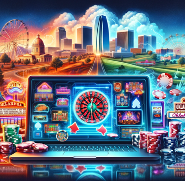 Online and traditional casino elements merged in an Oklahoma backdrop.