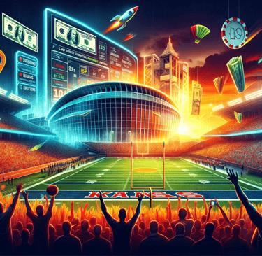 Vibrant Kansas stadium and betting interface scene.