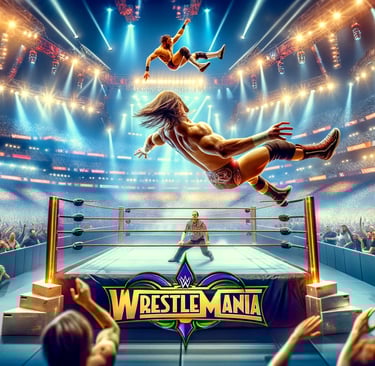 High-flying action at WrestleMania with wrestlers executing dramatic moves in the ring.