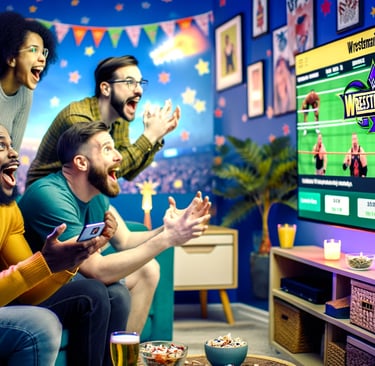 Friends gathered in a living room, watching WrestleMania on TV with excitement.