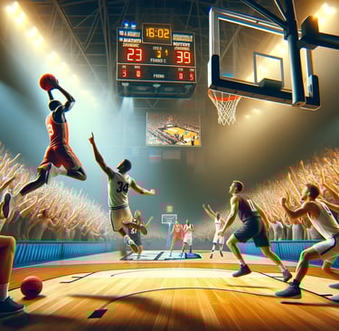 Realistic image capturing a pivotal NCAA March Madness moment with a basketball player in mid-air