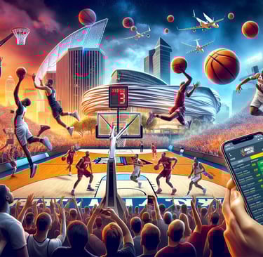 NCAA Men's Final Four 2024 action with players on the court, a lively crowd, and Phoenix skyline