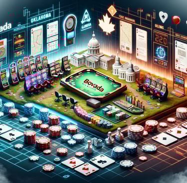 Visual guide for Bovada gaming in Oklahoma in a 16:9 aspect ratio, featuring a strategic board game