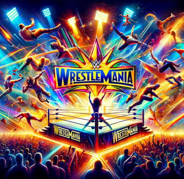 WrestleMania vibrant ring with crowd and spotlights.