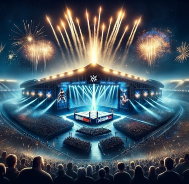 WWE WrestleMania stadium under night sky with fireworks.