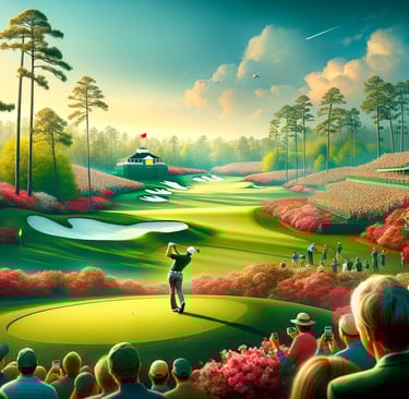 Golfer aiming on a vibrant Augusta course.