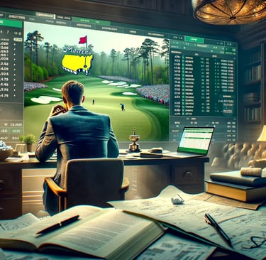 Analyzing Masters 2024 bets in a study with screens.