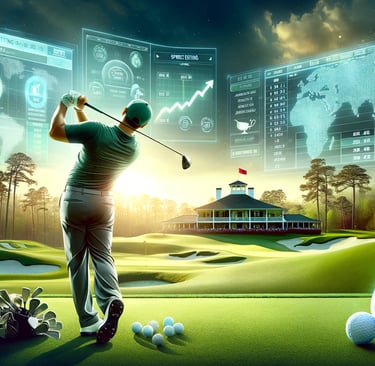 Golfer swings at Augusta with betting odds in sky.