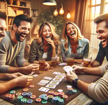 Friends laugh over a card game, enjoying a cozy game night.