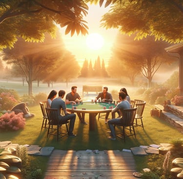 Friends play poker at sunset in a serene outdoor setting.