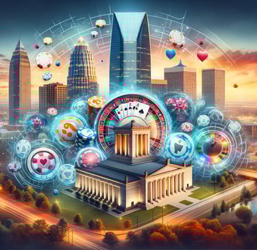 Iconic Oklahoma landmarks with symbols of online gambling, depicting the state's unique position