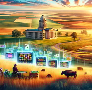 Traditional Oklahoma landscape infused with digital elements of online gambling. 