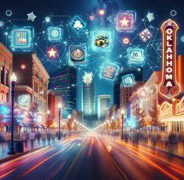 Vibrant street scene in Oklahoma City at night, beautifully integrating elements of online gambling.