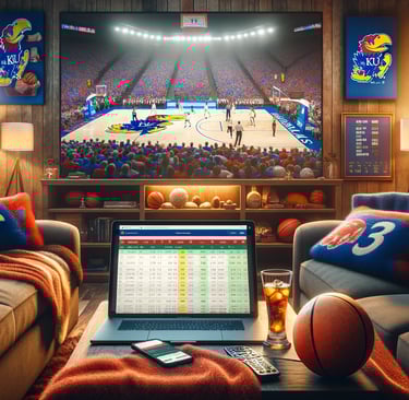 Betting guide on laptop with Jayhawks game on TV