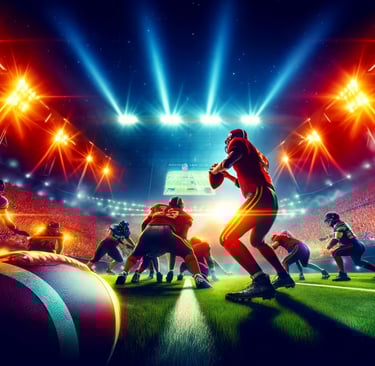 NFL game moment with quarterback throwing under stadium lights.