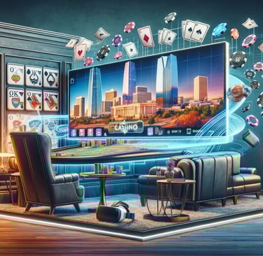 Modern online casino interface on a screen with Oklahoma City skyline backdrop.