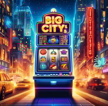 Neon-lit Big City 5's slot game in a vibrant urban night scene
