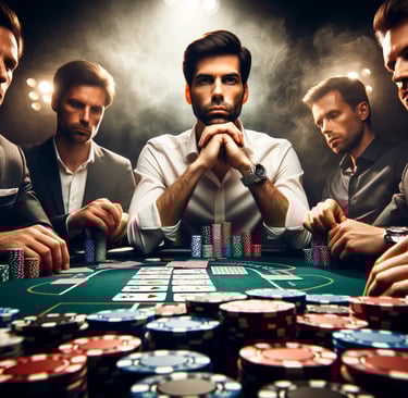 Professional poker table during a high-stakes game, emphasizing the intense concentration