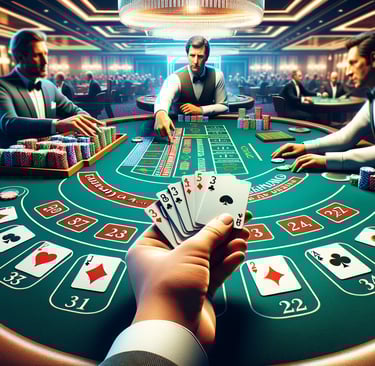 View of a blackjack table capturing a critical decision-making moment, showcasing players