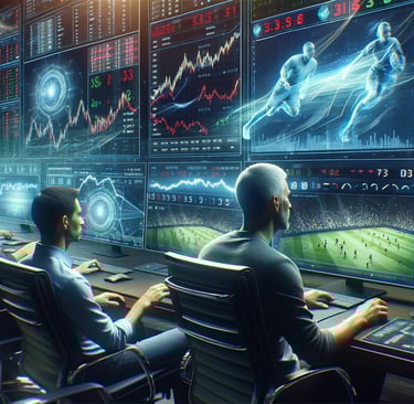 Sports betting where a group of people analyze data and strategies on multiple screens