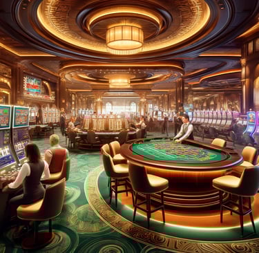 Casino floor with slots, roulette, and card games.