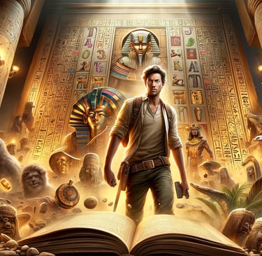 Rich Wilde in Egyptian setting with hieroglyphs and gods for Book of Dead online slot game.