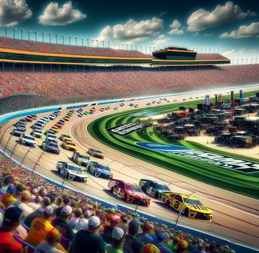 NASCAR cars racing at Kansas Speedway in daylight