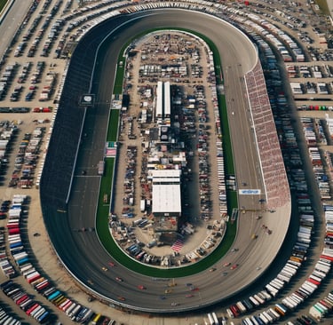 Overhead view of Kansas Speedway packed with fans and cars.
