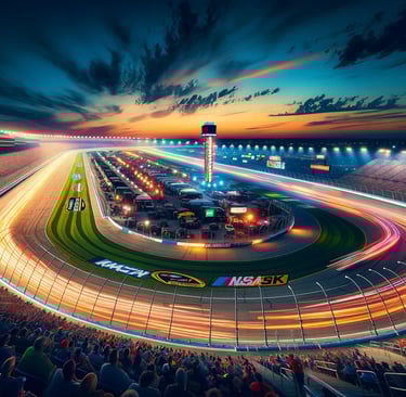 Nighttime NASCAR race at Kansas Speedway with glowing lights.
