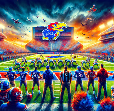 Dynamic scene at a Kansas Jayhawks football game during the 2024 NCAA Division I FBS football season