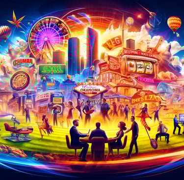  Illustration of diverse gamers in a casino setting with Oklahoma landmarks in the background.