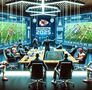 Kansas City Chiefs in high-tech room planning for Super Bowl 2025.